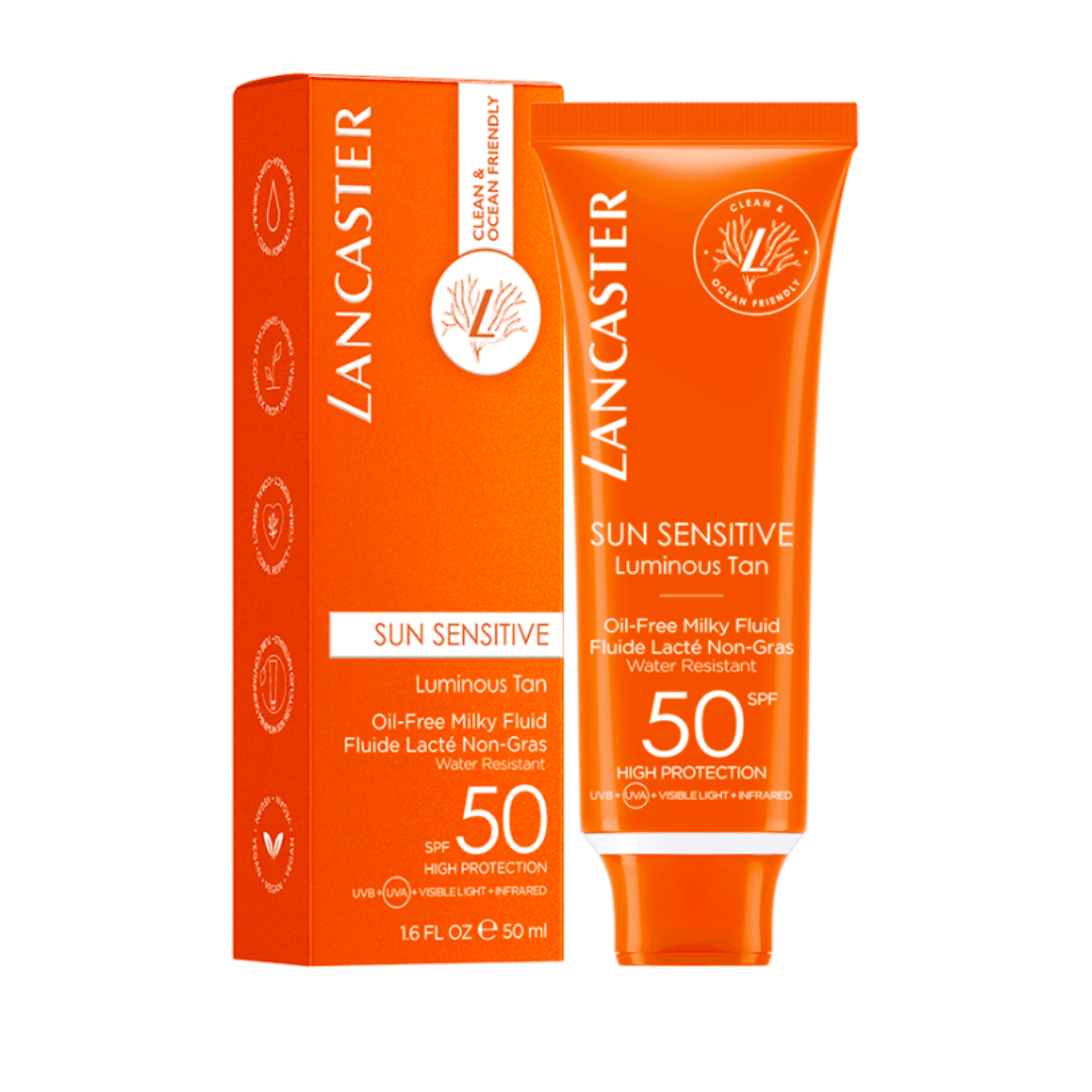 سائل لانكستر صن سينسيتف لومينوس تان الخالي من الزيوت للوجه بمعامل حماية SPF50 وحجم 50 مل