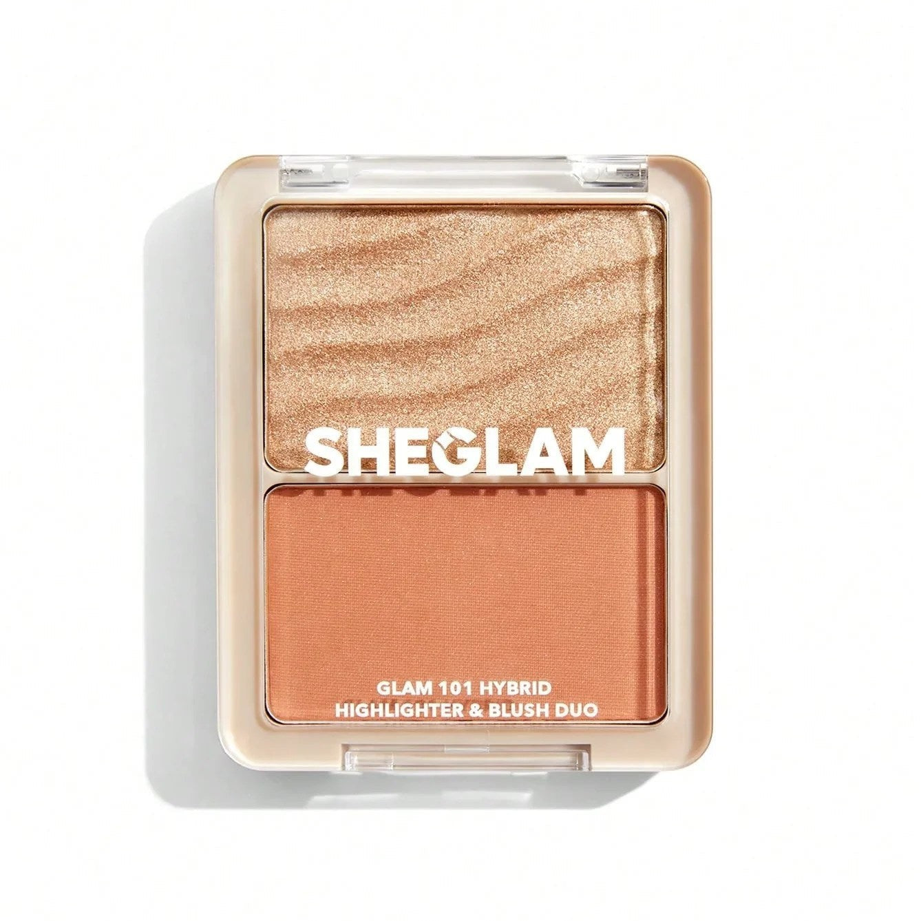 skinee SHEGLAM Glam 101 hybrid highlighter and blush duo compact with shimmering gold and warm peach powder shades