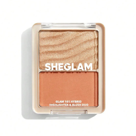skinee SHEGLAM Glam 101 hybrid highlighter and blush duo compact with shimmering gold and warm peach powder shades